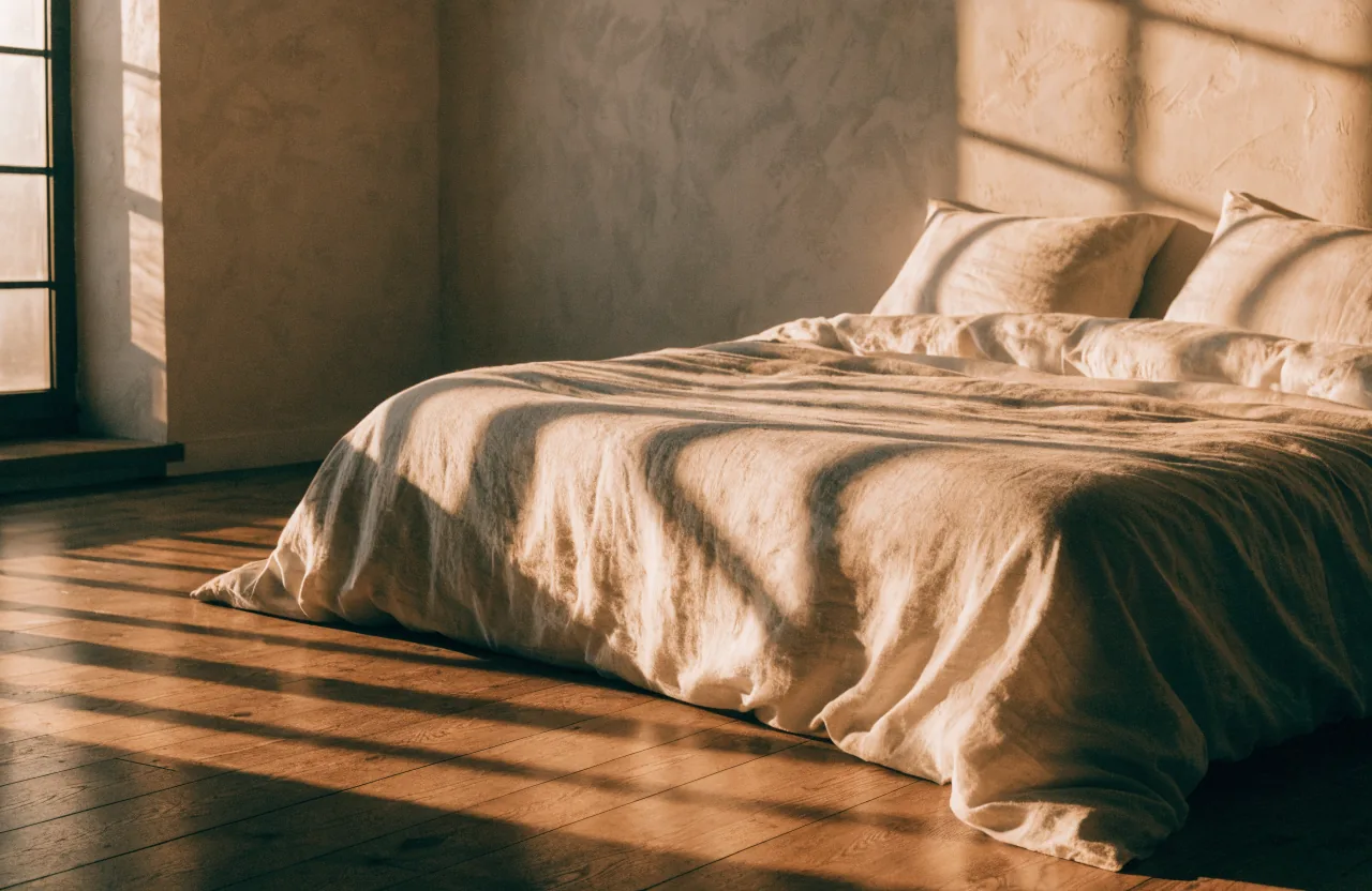 A neatly made bed with cream linen bedding in low golden dawn light, long window shadows across the duvet and wooden floor.